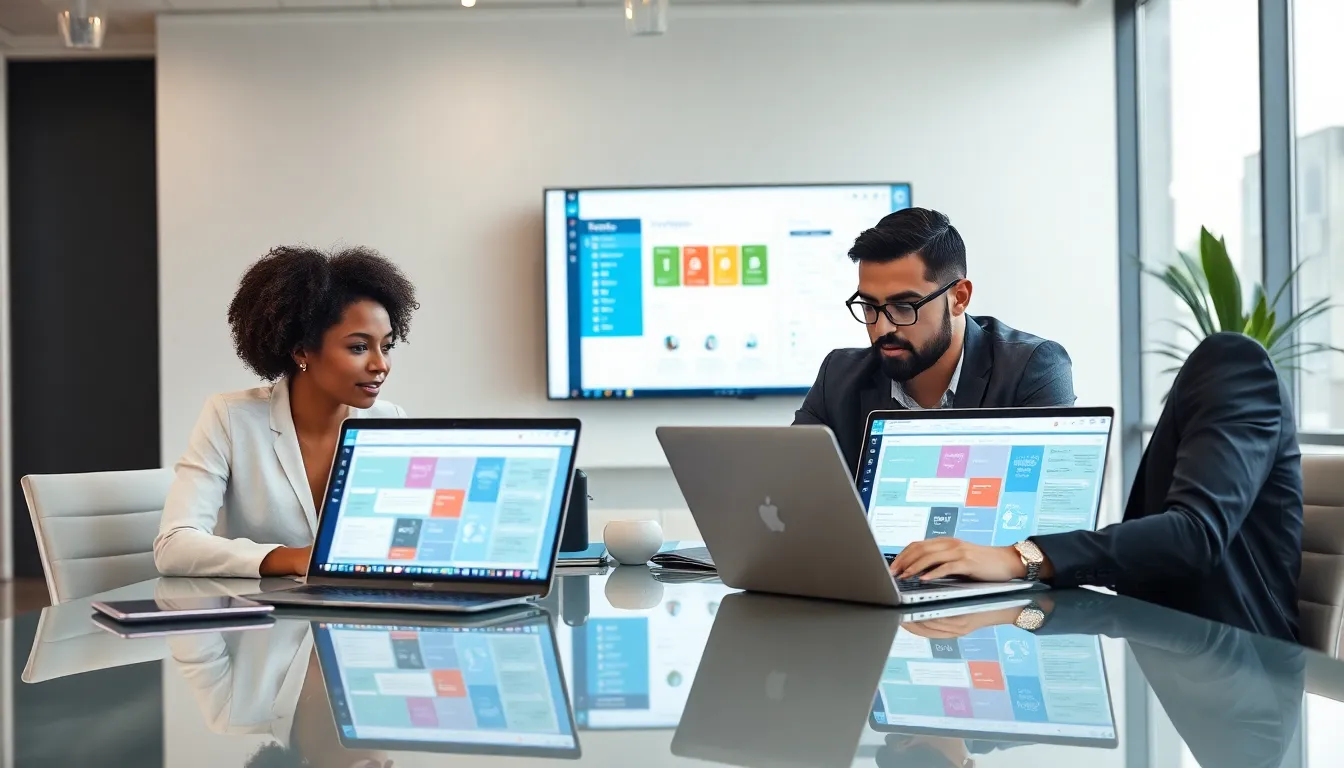 diverse team collaborating on custom web portal development in a modern office.
