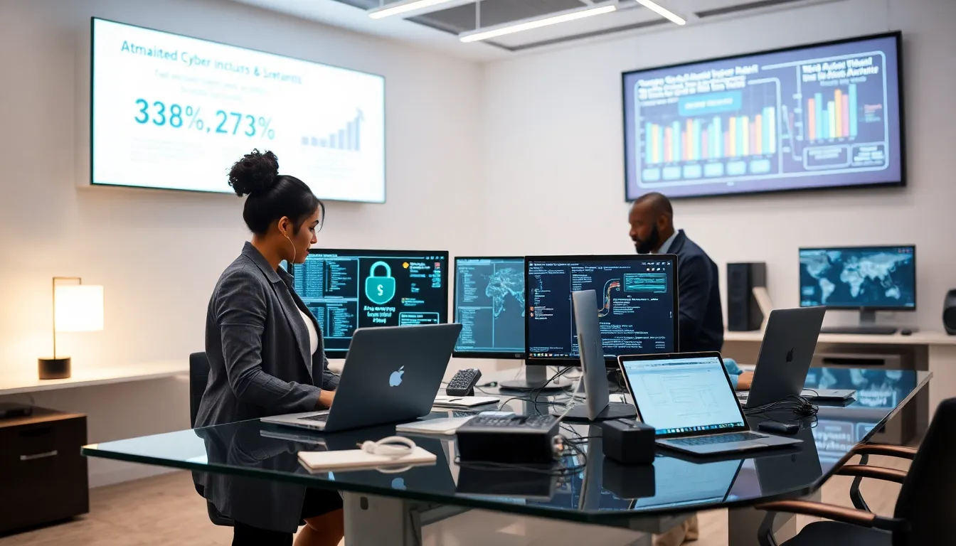 diverse professionals working in a modern cybersecurity lab.
