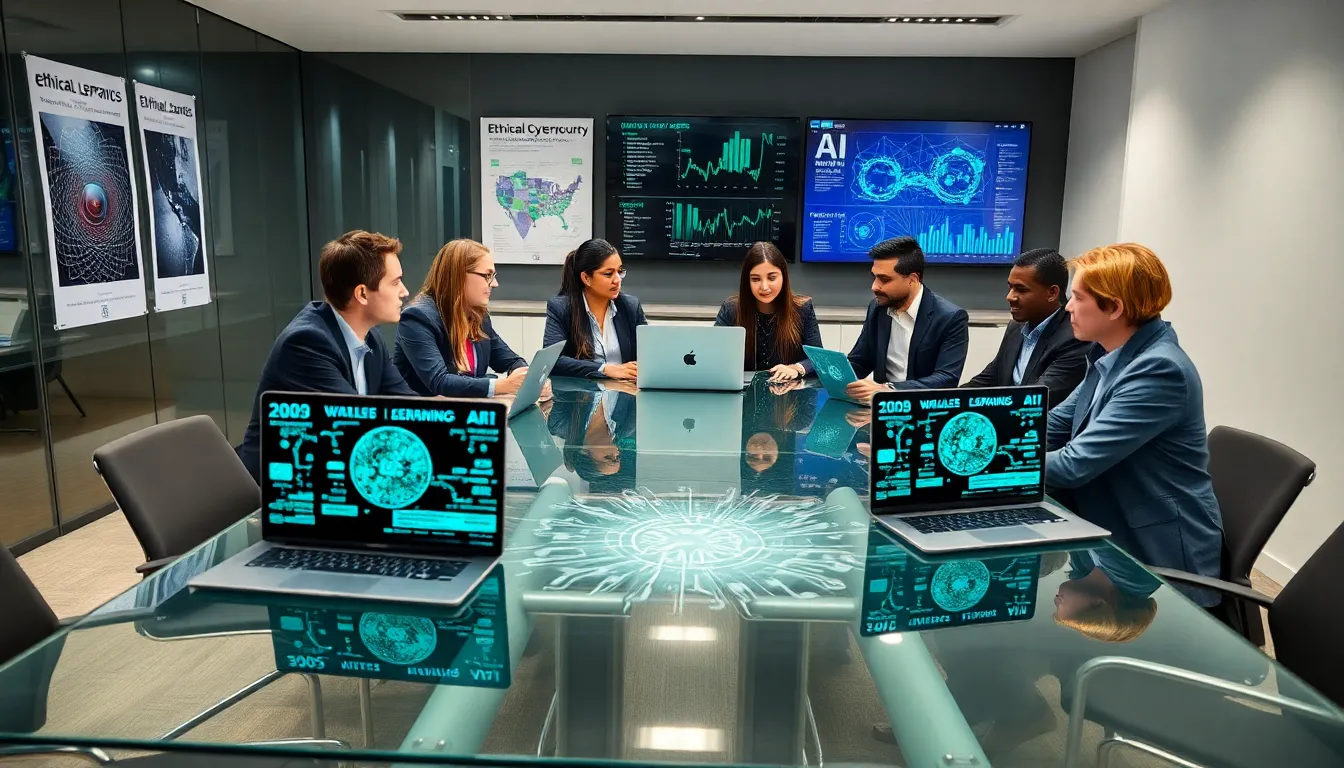 diverse cybersecurity team collaborating over AI technology in a modern office.
