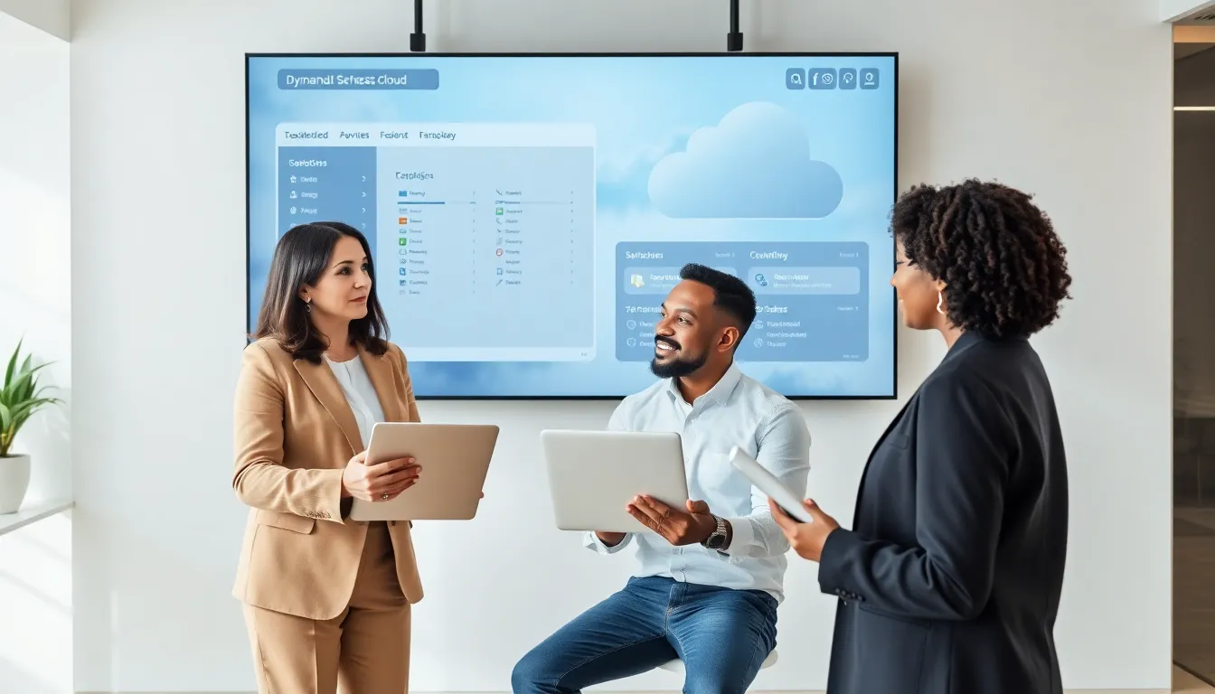 diverse team collaborating on a cloud computing tutorial in a modern office.