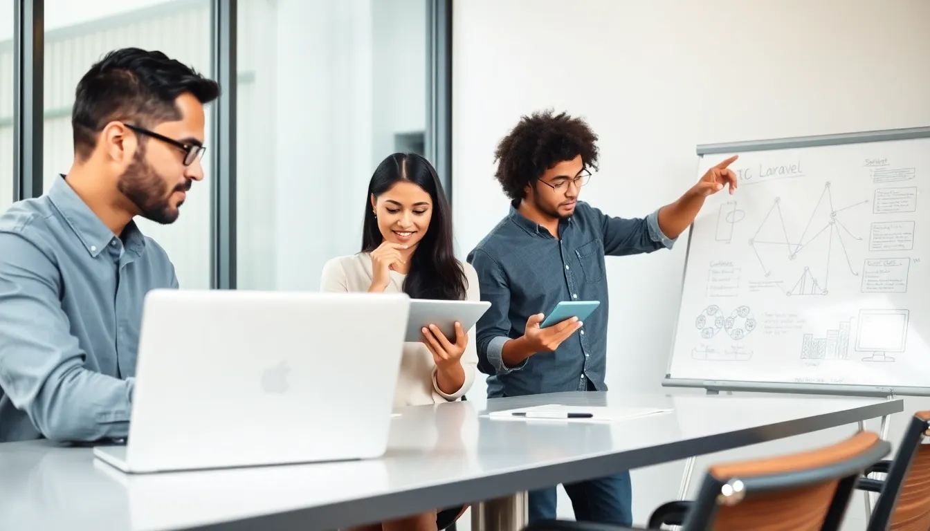 diverse team collaborating on Laravel web application development in a modern office.